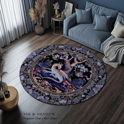 Mystic Moody Dragon Round Area Rug | Ethereal Botanical Woodland Magic Fantasy Theme Bedroom French Baroque Fantasy Tree Rug Blue Hues |