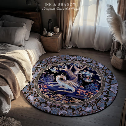 Mystic Moody Dragon Round Area Rug | Ethereal Botanical Woodland Magic Fantasy Theme Bedroom French Baroque Fantasy Tree Rug Blue Hues |