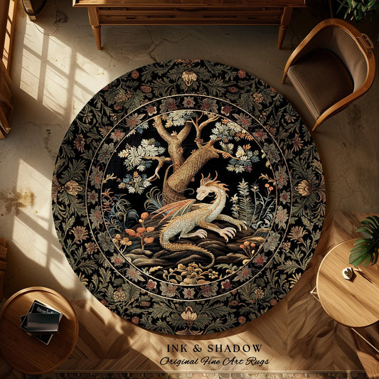 Dragon Aesthetic Botanical Round Rug | Dark Academia Room Decor Fairytale Inspired Nursery Gift Dark Cottagecore Fairycore Mystic Game Room