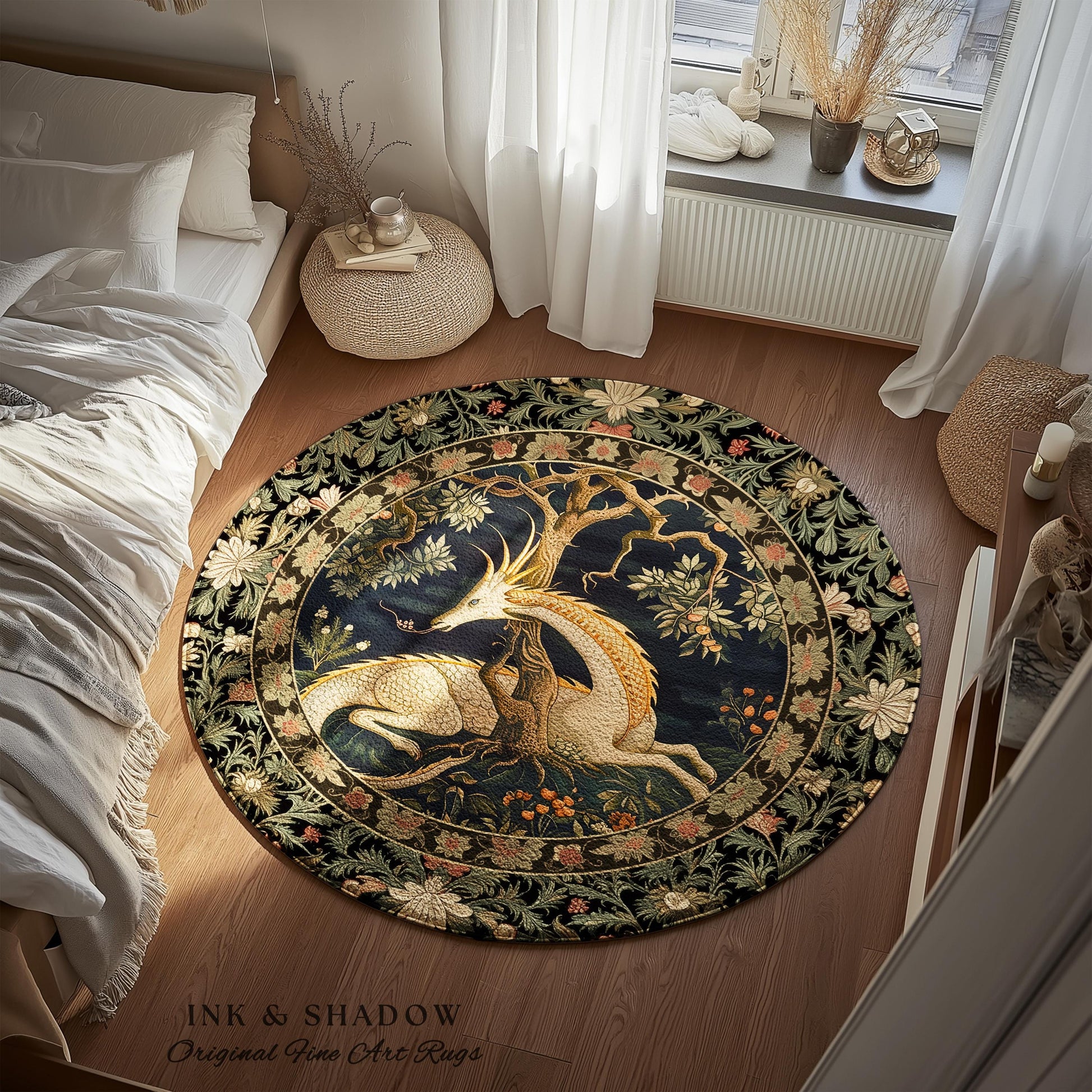 Dark Academia Dragon Round Area Rug | Medieval Folklore Room Decor Fairytale Inspired DnD Gift Dark Cottagecore Fairycore Mystical Game Room