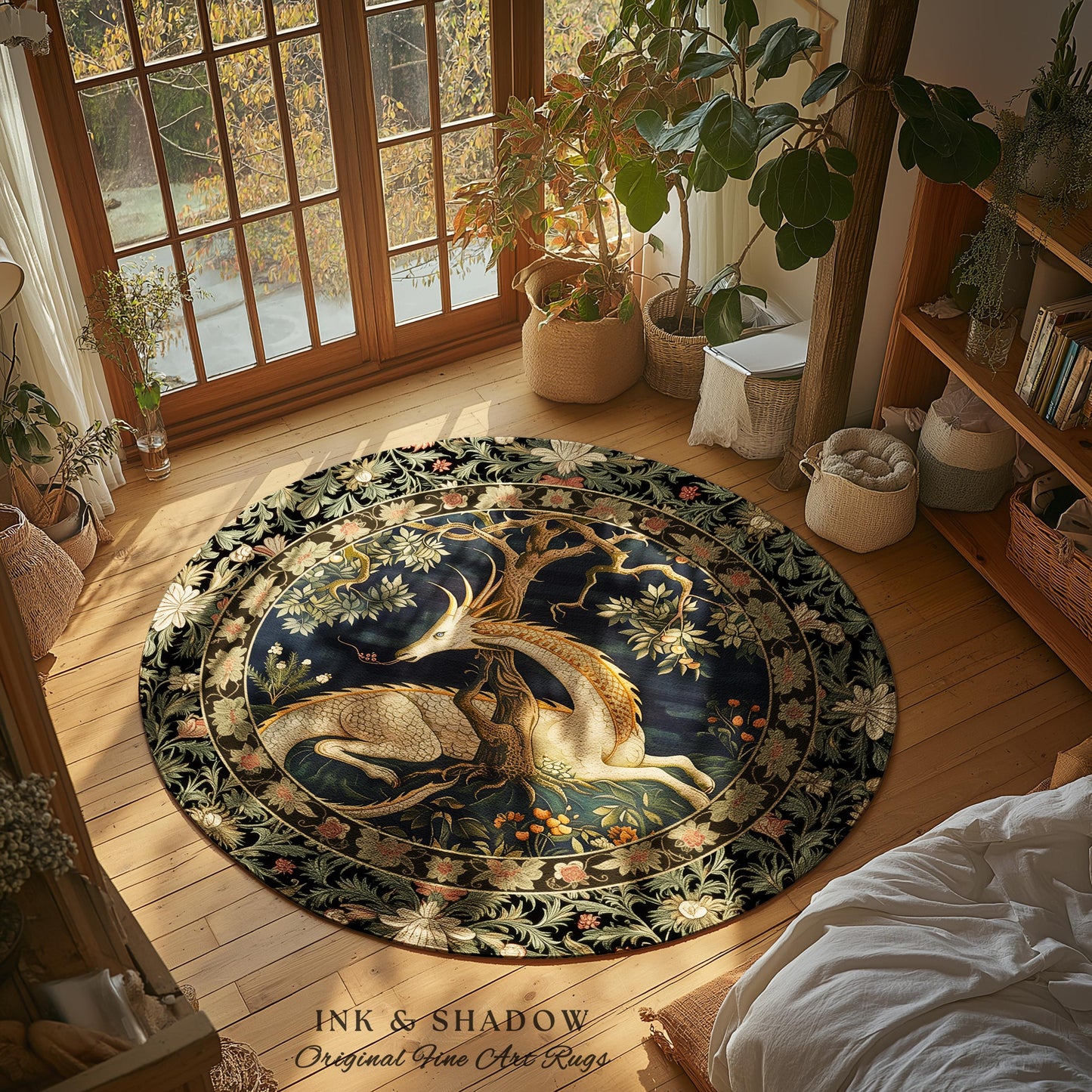 Dark Academia Dragon Round Area Rug | Medieval Folklore Room Decor Fairytale Inspired DnD Gift Dark Cottagecore Fairycore Mystical Game Room