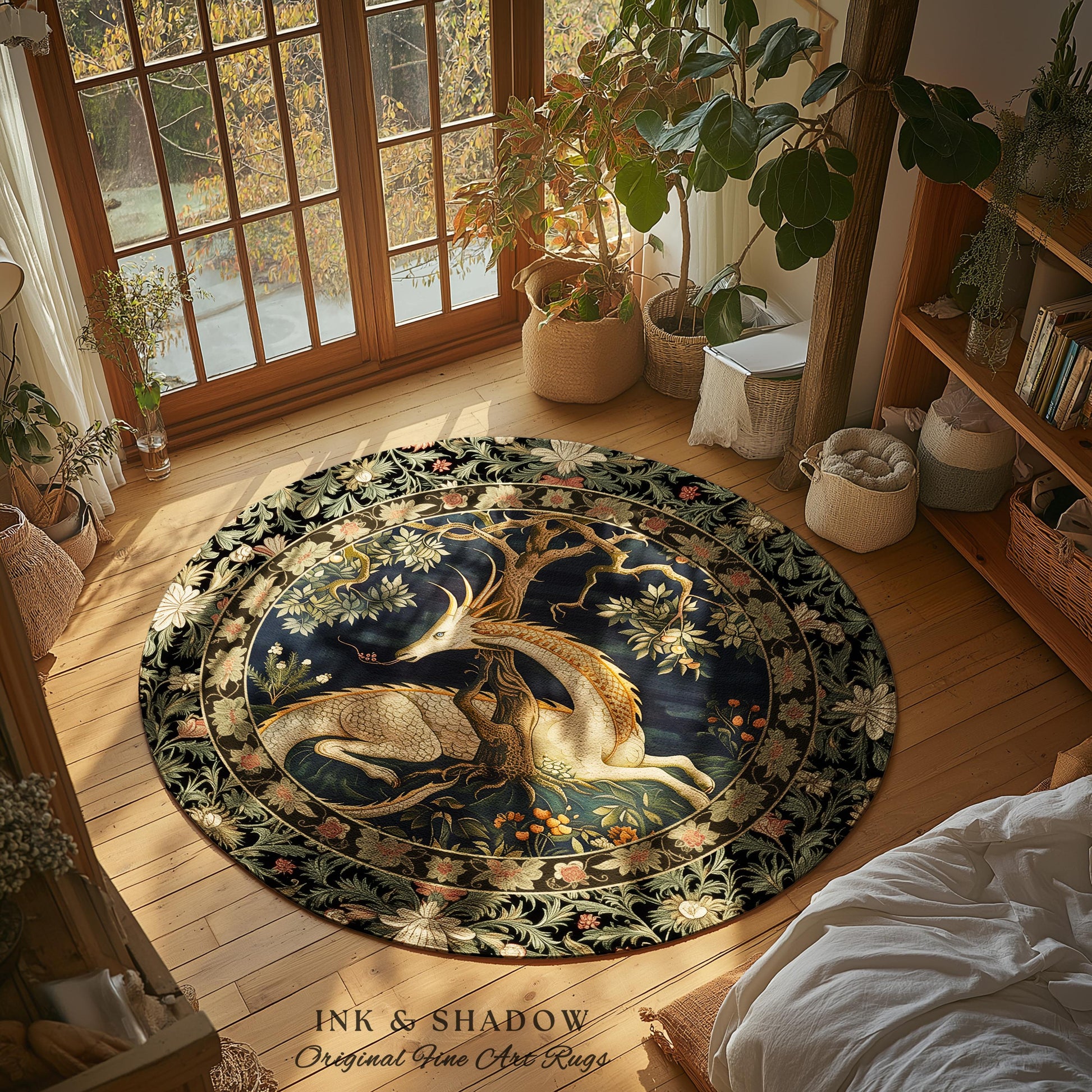 Dark Academia Dragon Round Area Rug | Medieval Folklore Room Decor Fairytale Inspired DnD Gift Dark Cottagecore Fairycore Mystical Game Room