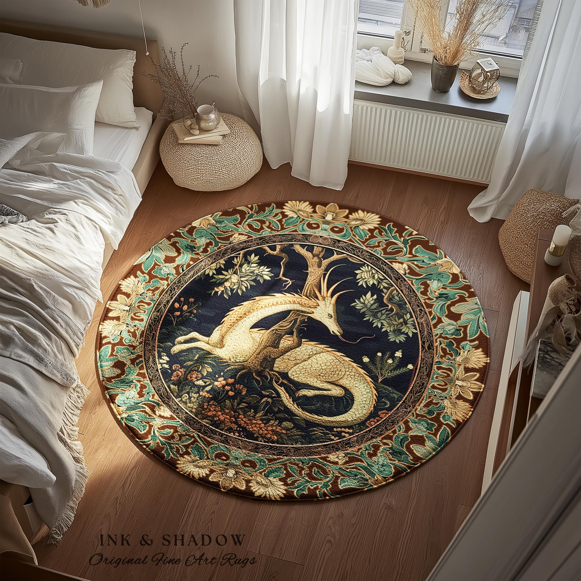 Renaissance Dragon Round Area Rug Forestcore Victorian Gothic Charm | Antique Baroque Style Enchanted Medieval Fantasy Cottagecore Woodland