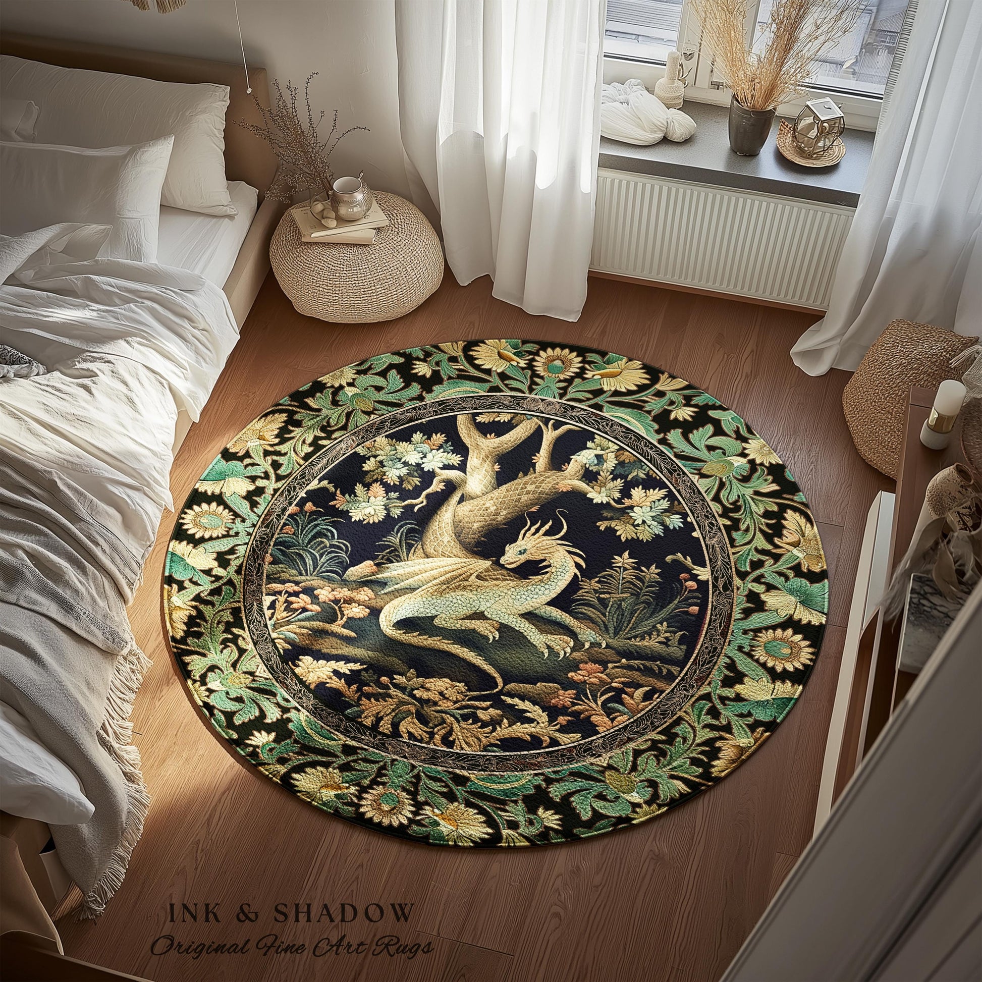 Ethereal Dragon Art Round Area Rug Enchanted Aesthetic Fantasy Forest Whimsical Woodland Gothic Decor | Fairytale Whimsy Art Deco Dragon |