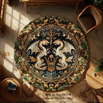 Rococo Dragon Round Area Rug Ornate Baroque Art Nouveau Inspired Folklore Decor | Antique Aesthetic Maximalist Fantasy Home Statement Piece
