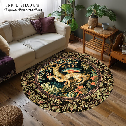 Baroque Dragon Fantasy Round Area Rug | Dark Medieval Enchanting Nature Accent Ancient Aesthetic Ethereal Storybook Home Accent Forestcore