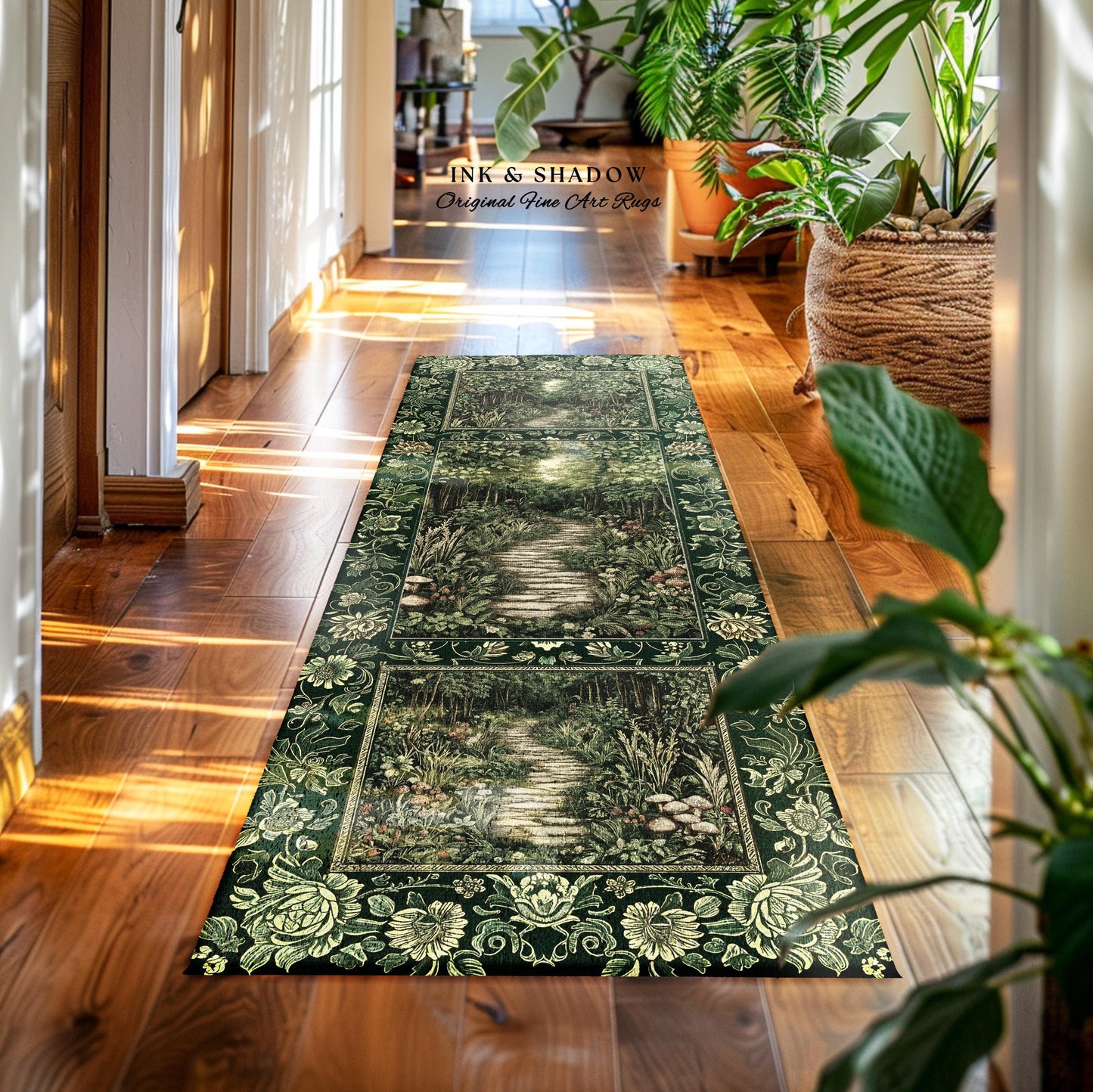 Ethereal Woodland Meadow Runner Rug | Dark Academia Folklore Fairy Core Aesthetic Accent Rug Magical Bedroom Emerald Green Decor Botanical |