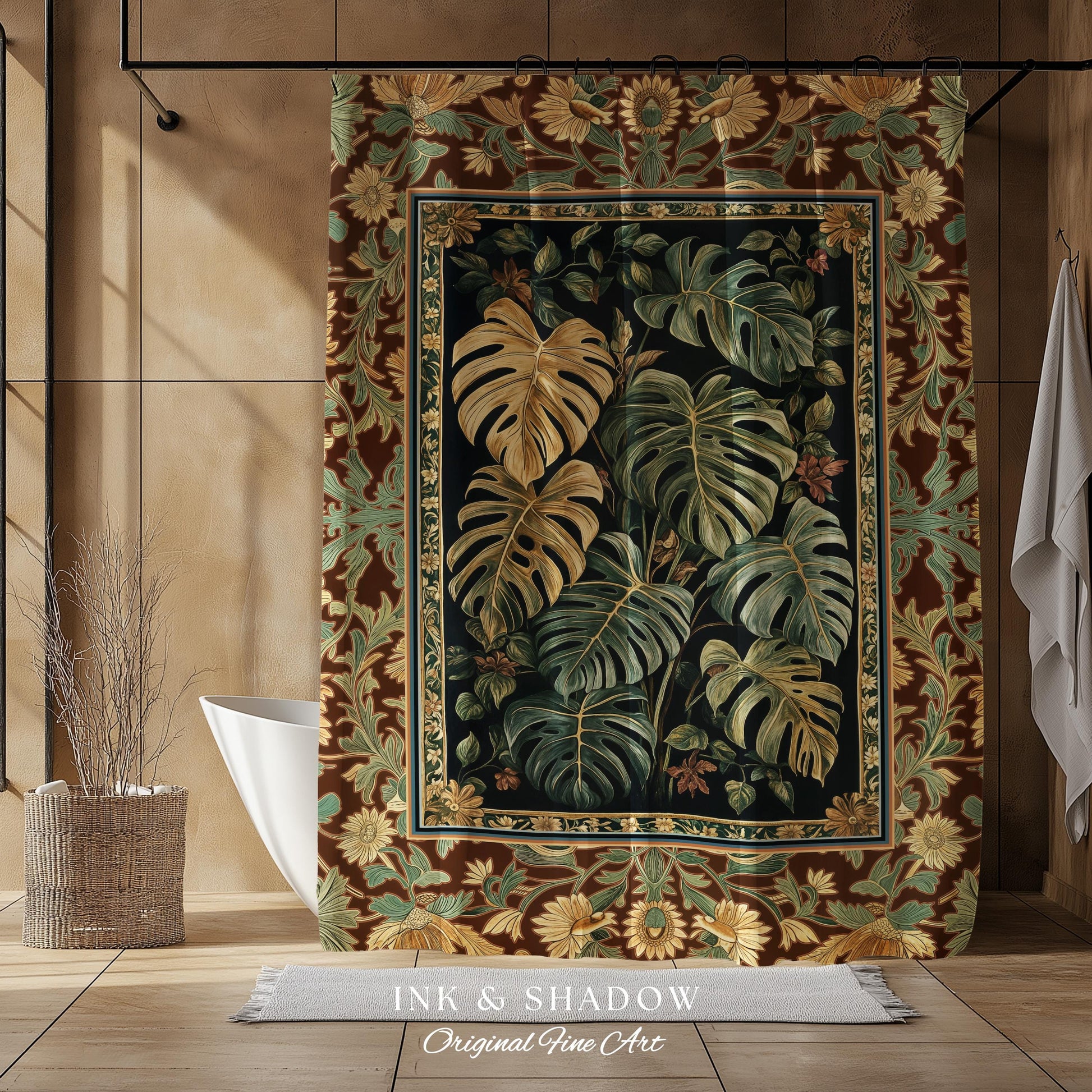 Witchy Forest Tropical Monstera Shower Curtain | Whimsical Houseplant Bathroom Decor Maximalist Dark Cottagecore Enchanting Witch Aesthetic