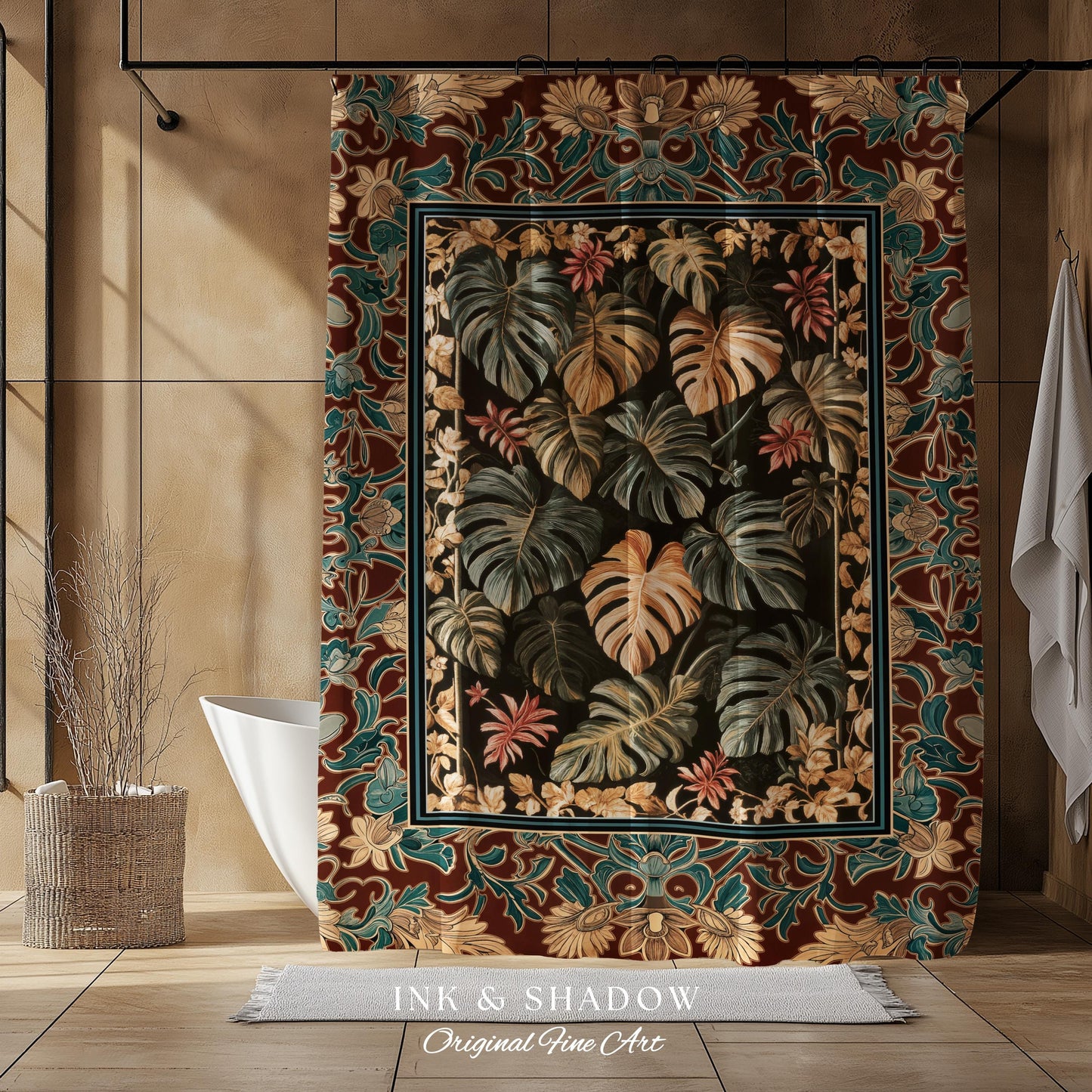 Moody Monstera Shower Curtain | Enchanting Forest Tropical Houseplant Bathroom Decor Witchy Maximalist Aesthetic Dark Academia Folklore Boho