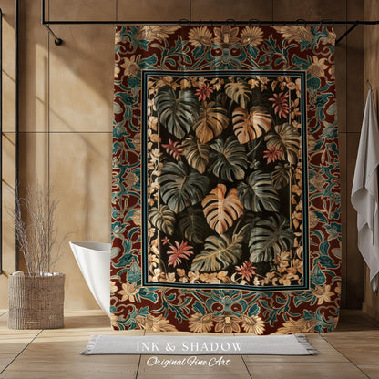 Moody Monstera Shower Curtain | Enchanting Forest Tropical Houseplant Bathroom Decor Witchy Maximalist Aesthetic Dark Academia Folklore Boho