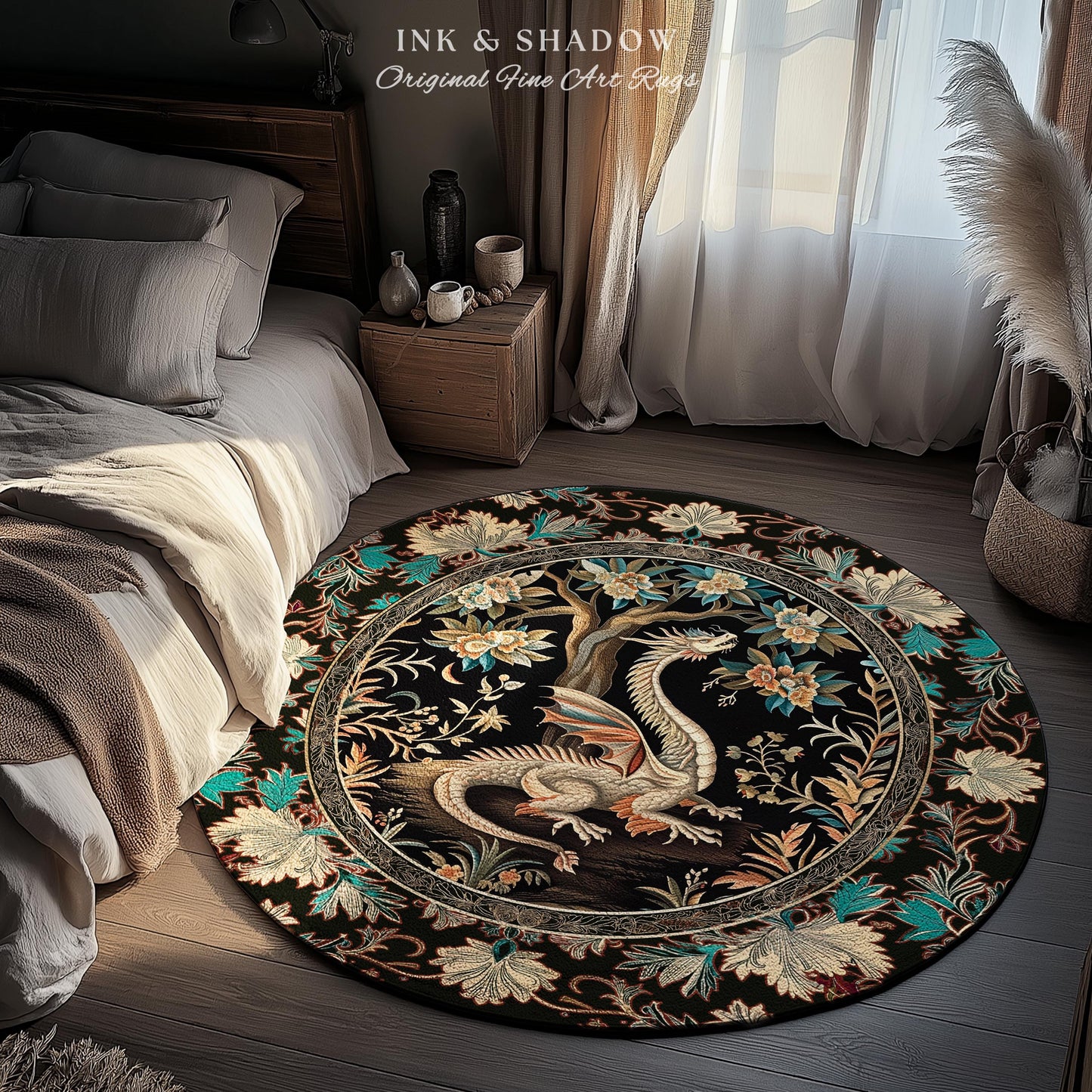 Dark Nature Enchanting Dragon Art Exotic Home Decor Mystical Fantasy Round Dragon Rug | Ethereal Woodland Magical Creature Goblincore Rugs
