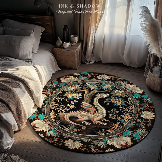 Dark Nature Enchanting Dragon Art Exotic Home Decor Mystical Fantasy Round Dragon Rug | Ethereal Woodland Magical Creature Goblincore Rugs