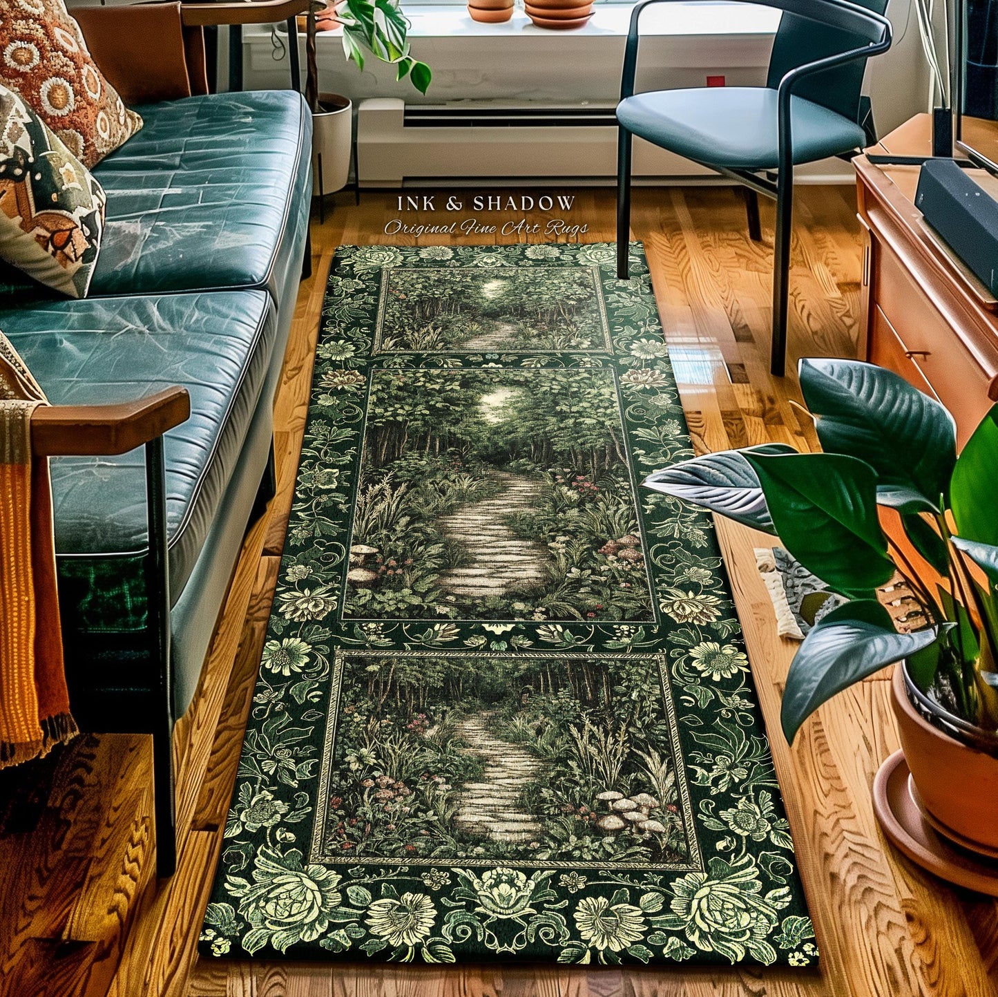 Ethereal Woodland Meadow Runner Rug | Dark Academia Folklore Fairy Core Aesthetic Accent Rug Magical Bedroom Emerald Green Decor Botanical |