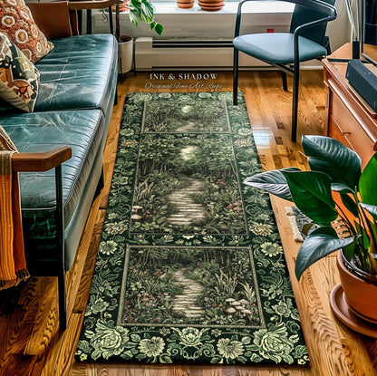 Ethereal Woodland Meadow Runner Rug | Dark Academia Folklore Fairy Core Aesthetic Accent Rug Magical Bedroom Emerald Green Decor Botanical |