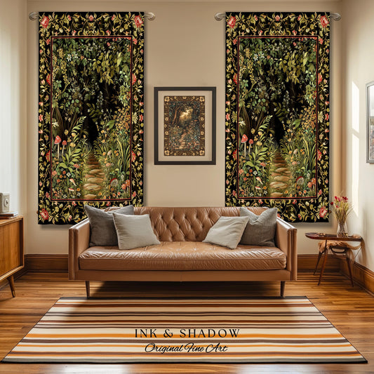 May include: Two black framed tapestries with a dark green and brown woodland scene with a path leading into the woods. The tapestries are hanging on a wall with a brown leather couch in front of them. The couch has two pillows on it. The floor is a light brown wood floor with a striped rug in front of the couch. The rug has stripes of brown, white, and orange. The text &#39;INK & SHADOW Original Fine Art&#39; is on the rug.
