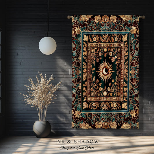 May include: A tapestry with a dark green background and gold and teal accents. The tapestry features a sun and moon design in the center surrounded by floral patterns. The tapestry is hanging on a black brick wall.