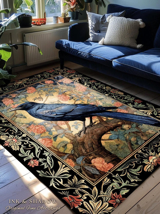 Witchy Room Decor Rug | Ethereal Bedroom Decor William Morris Inspired Cottagecore Aesthetic Dark Fairycore Book Nook Woodland Crowcore Art