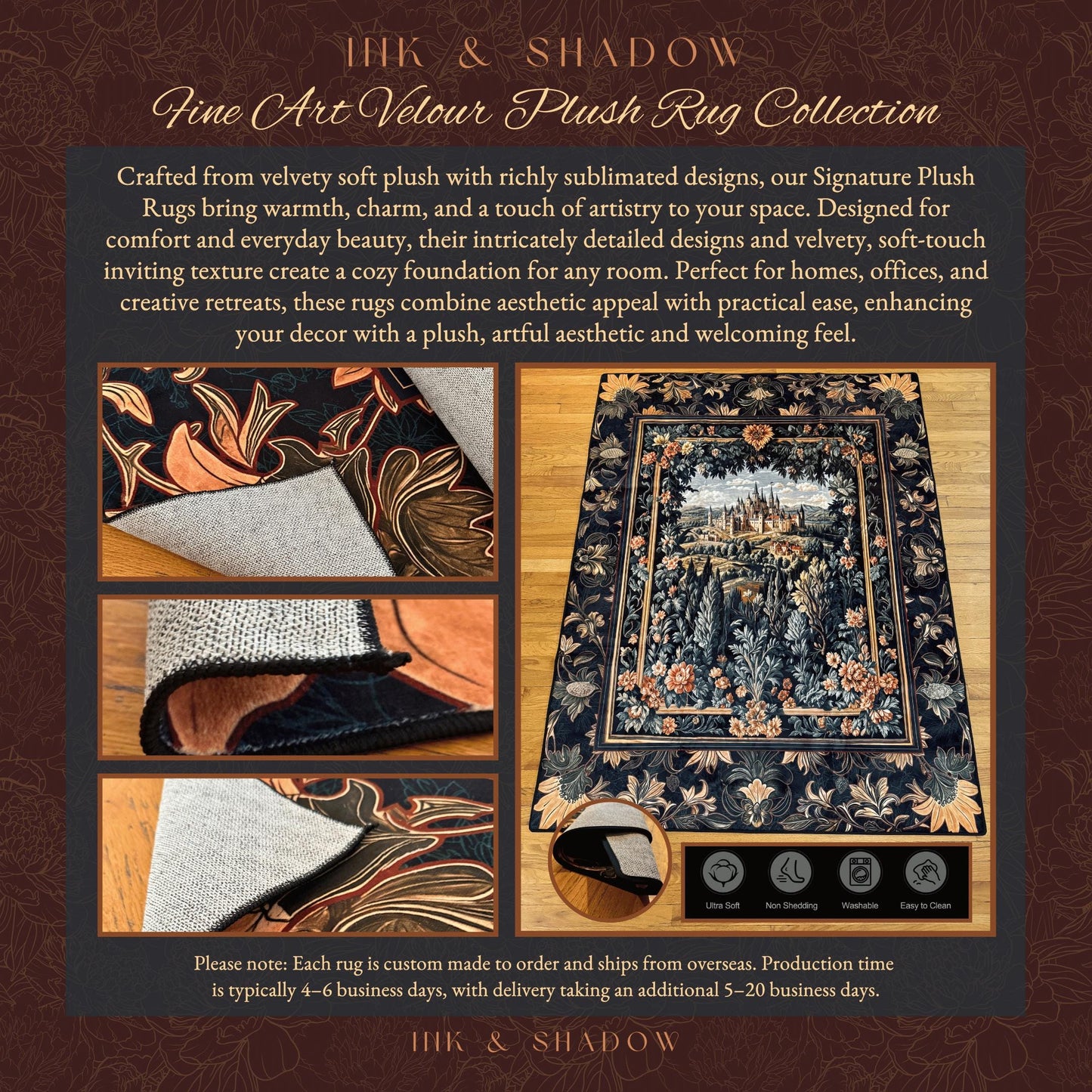 New Custom Rug Velour Style Plush Velveteen Satin Finish Carpet Personalized Decor, Customizable Fine Art Rug Ink and Shadow Large Area Mat