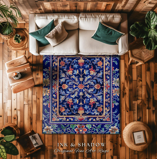 May include: A blue and gold patterned rug with floral designs. The rug is on a wooden floor with a white couch and green pillows in the background. The text &#39;INK & SHADOW Original Fine Art Rugs&#39; is at the bottom of the image.