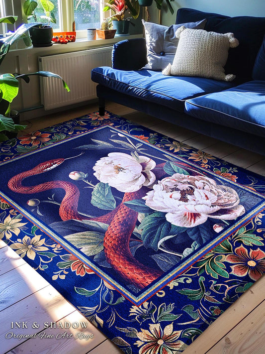 Moody Dark Botanical Serpent Enchanted Floral Rug Exotic Gothic Aesthetic, Ethereal Woodland Snake Victorian Art Nouveau Midnight Blue Decor