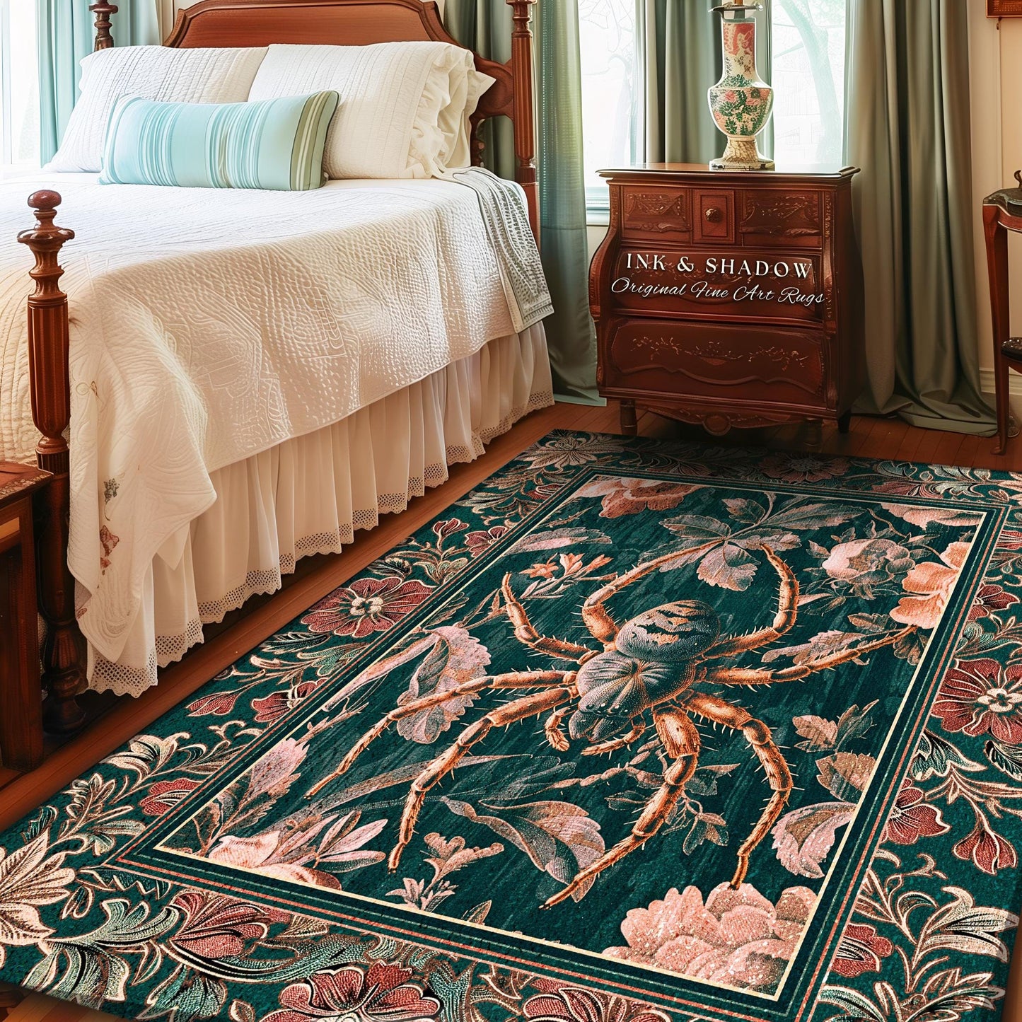 Antiqued Rose Spider Rug Enchanted Gothic Floral Forestcore Decor | Victorian Dark Academia Arachnid Art Vintage Cottagecore Baroque Accent