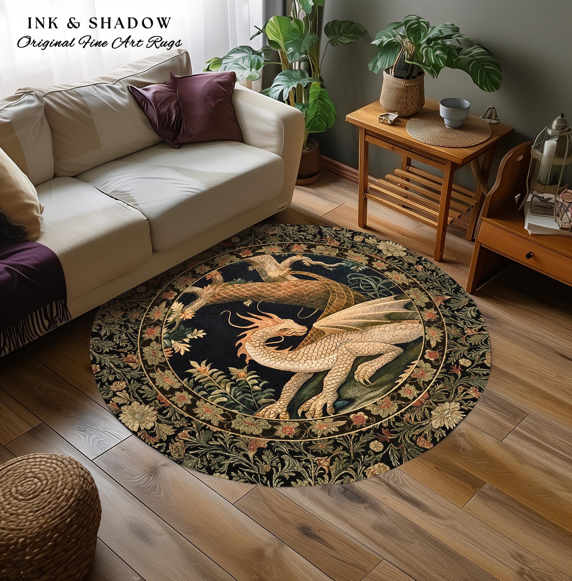 Enchanting Dragon Personal Round Area Rug | Ethereal Gothic Home Decor Fairycore Bedroom Magical Aesthetic Maximalist Cottagecore Dragon |