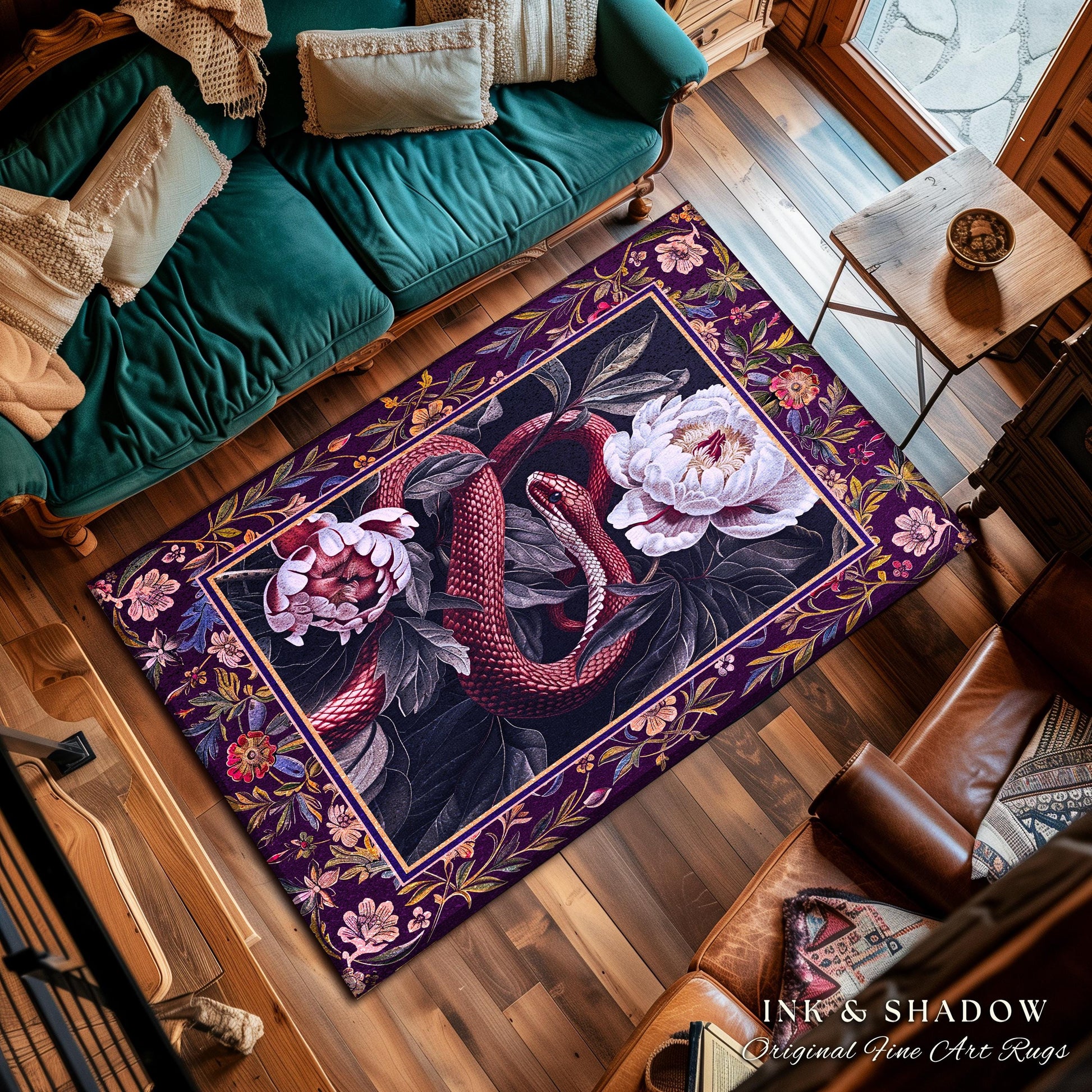 Whimsigothic Dark Floral Serpent Rug Enchanted Forest Whimsical Purple Botanical Decor | Mystical Witchy Cottagecore Moody Vintage Snake Art