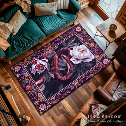 Whimsigothic Dark Floral Serpent Rug Enchanted Forest Whimsical Purple Botanical Decor | Mystical Witchy Cottagecore Moody Vintage Snake Art