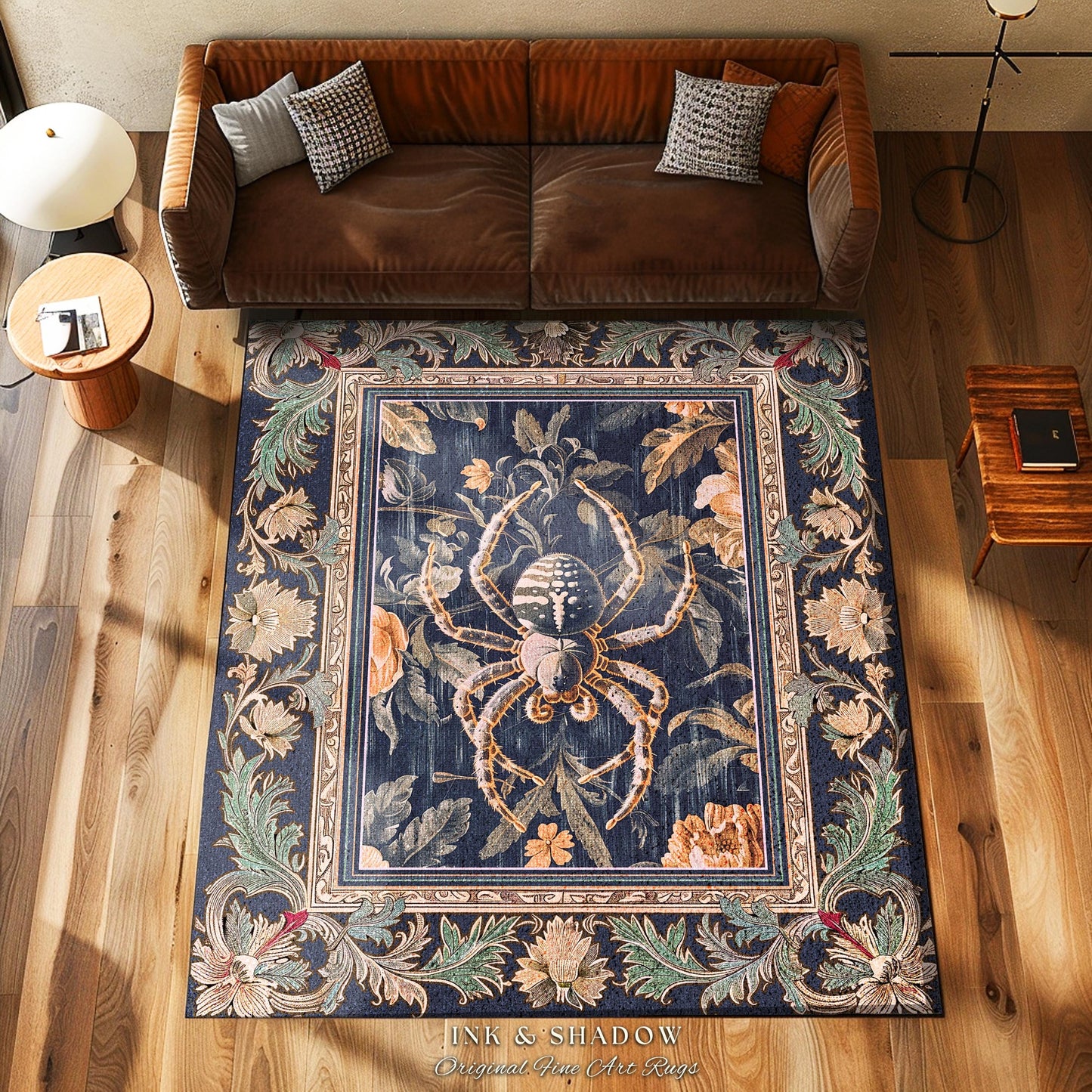 Victorian Gothic Spider Rug Dark Academia Botanical Goblincore Decor, Whimsical French Baroque Enchanted Forestcore Art Aesthetic Accent Rug