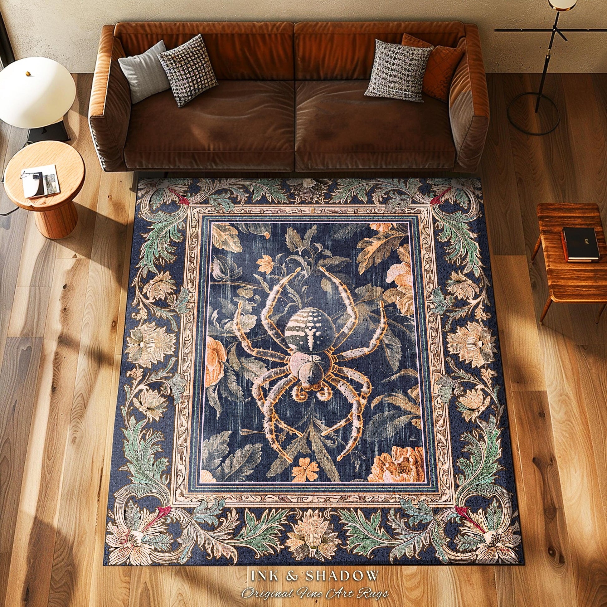 Victorian Gothic Spider Rug Dark Academia Botanical Goblincore Decor, Whimsical French Baroque Enchanted Forestcore Art Aesthetic Accent Rug