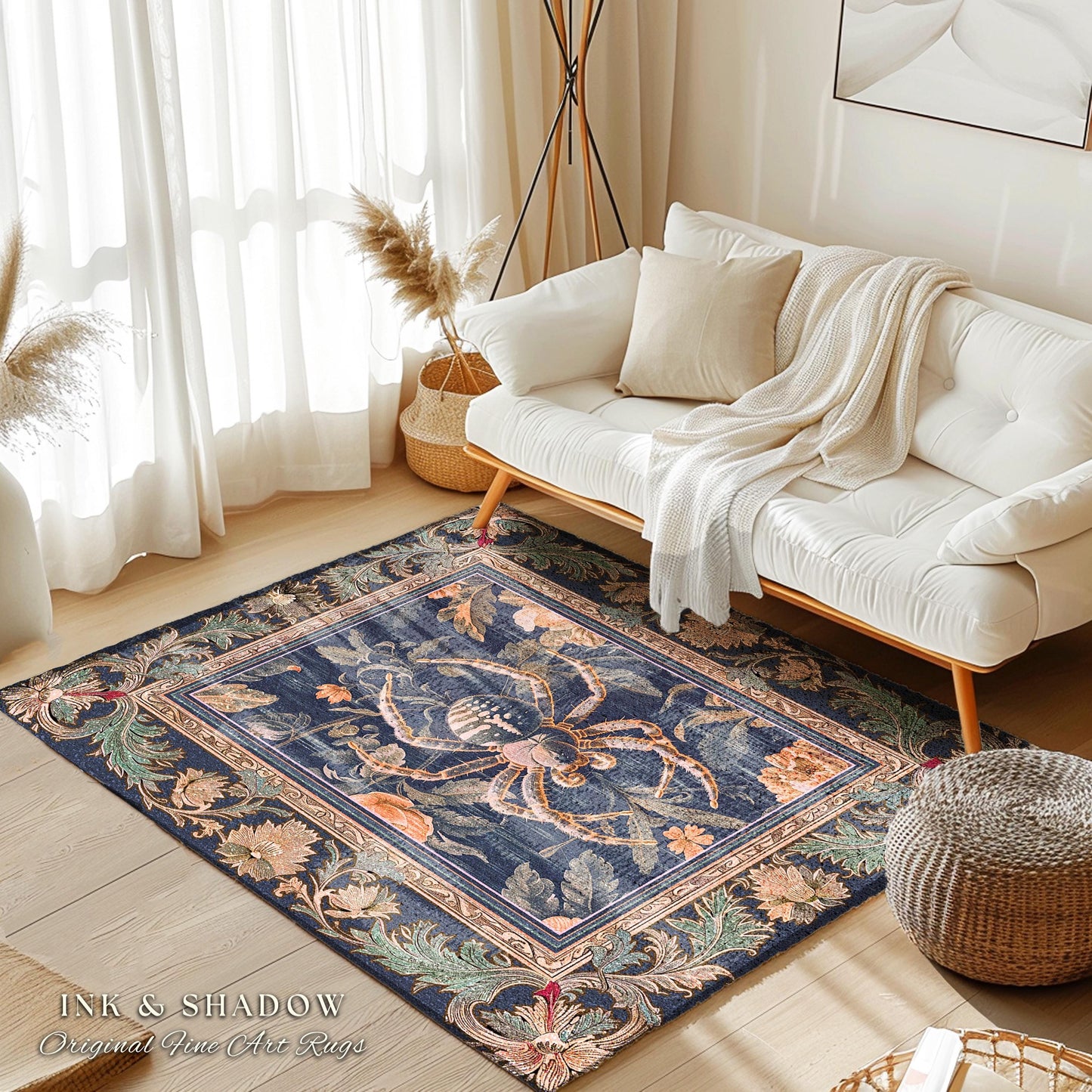Victorian Gothic Spider Rug Dark Academia Botanical Goblincore Decor, Whimsical French Baroque Enchanted Forestcore Art Aesthetic Accent Rug