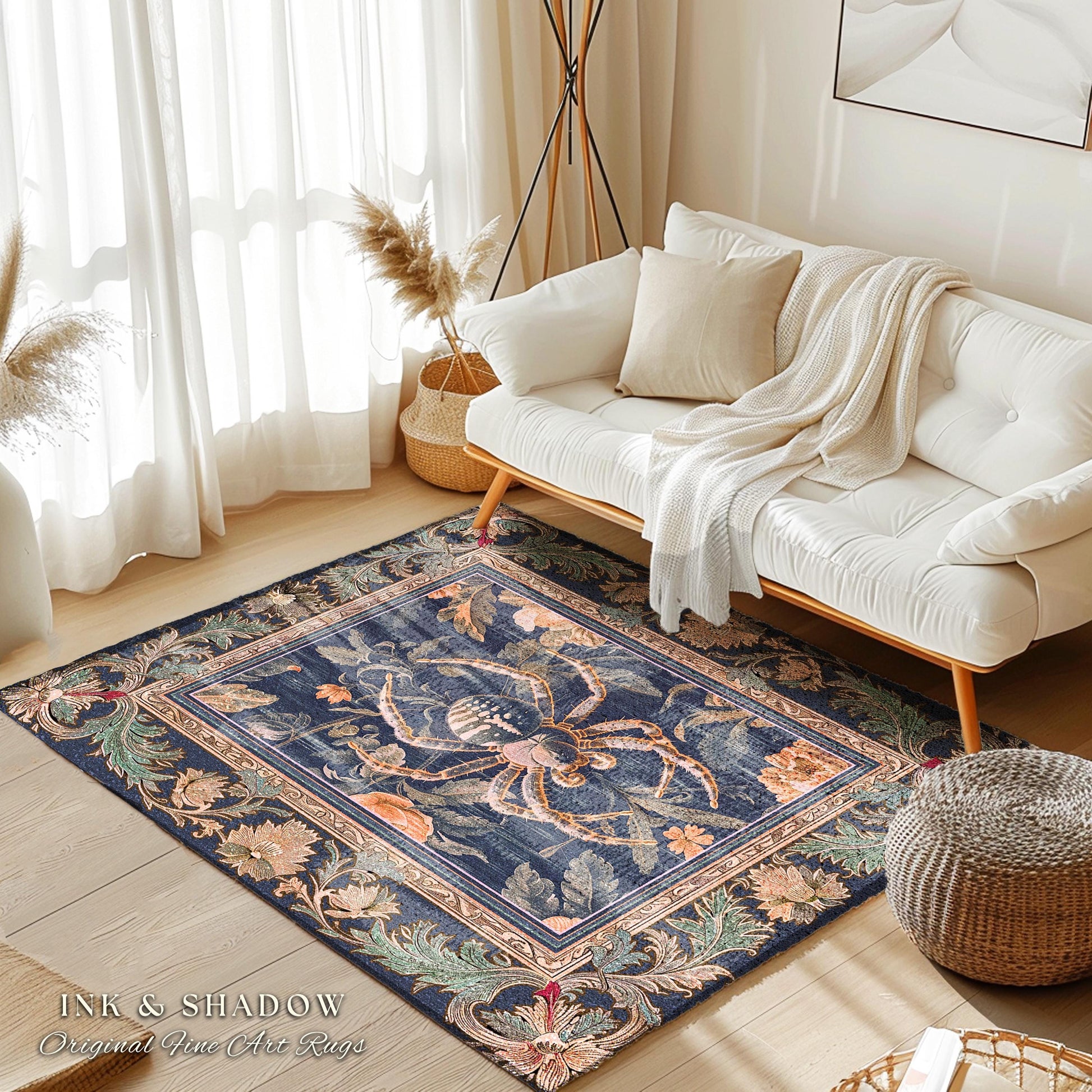 Victorian Gothic Spider Rug Dark Academia Botanical Goblincore Decor, Whimsical French Baroque Enchanted Forestcore Art Aesthetic Accent Rug