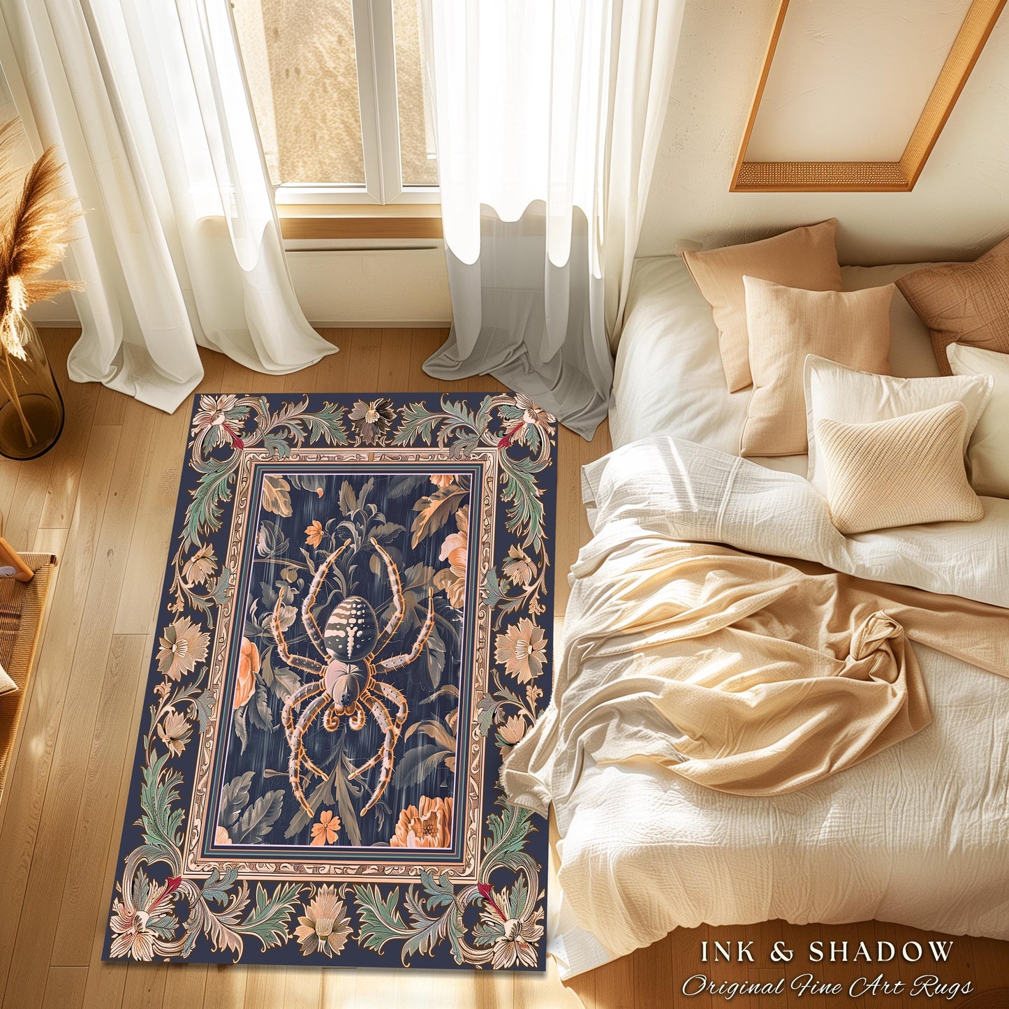 Victorian Gothic Spider Rug Dark Academia Botanical Goblincore Decor, Whimsical French Baroque Enchanted Forestcore Art Aesthetic Accent Rug