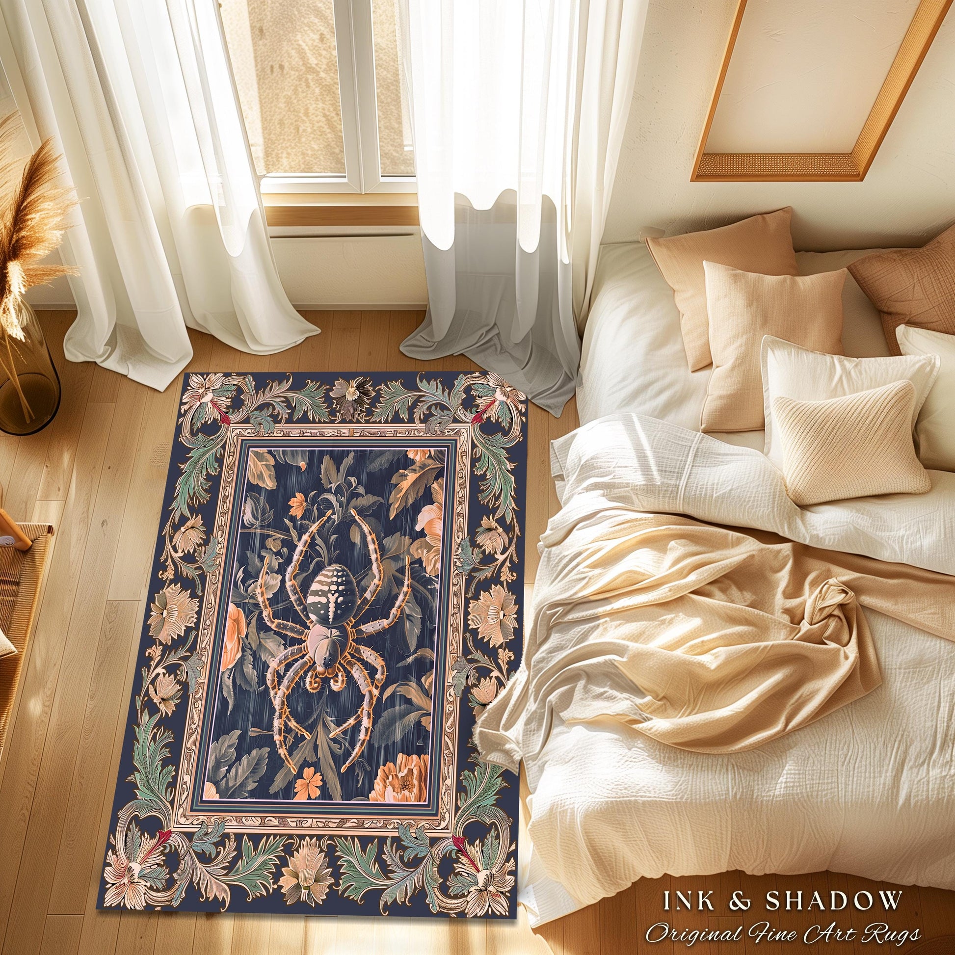 Victorian Gothic Spider Rug Dark Academia Botanical Goblincore Decor, Whimsical French Baroque Enchanted Forestcore Art Aesthetic Accent Rug