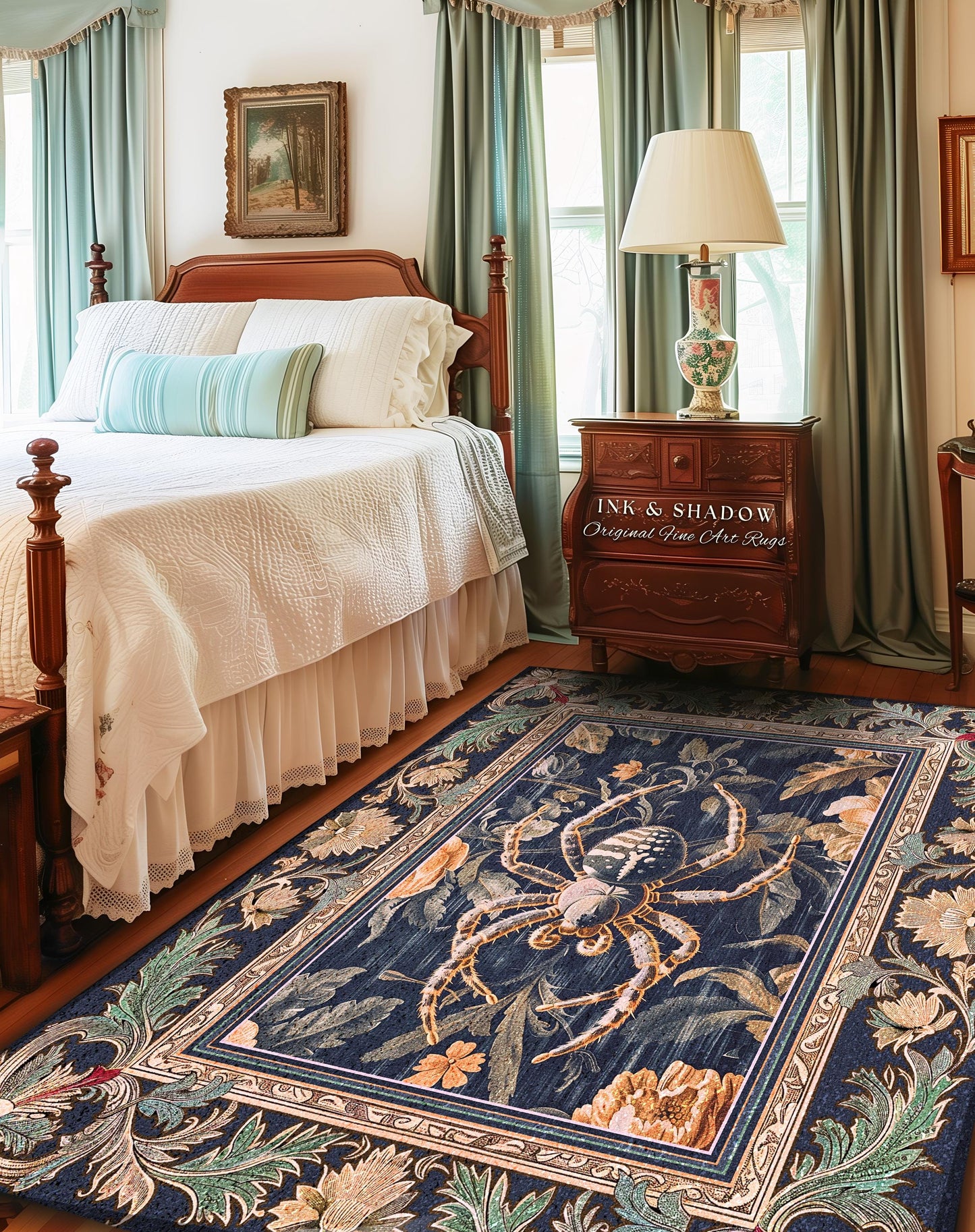 Victorian Gothic Spider Rug Dark Academia Botanical Goblincore Decor, Whimsical French Baroque Enchanted Forestcore Art Aesthetic Accent Rug