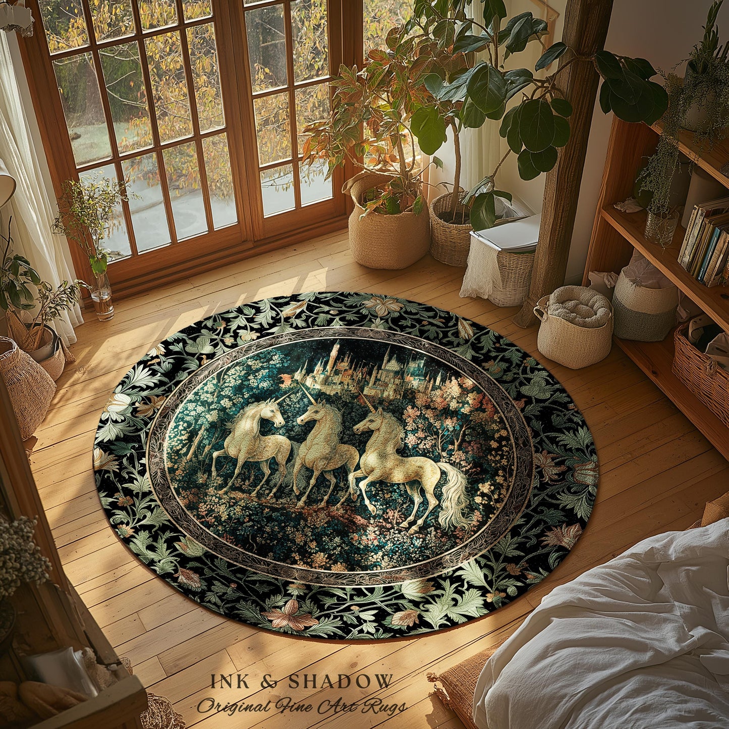 Mystic Academia Unicorn Area Rug | Dark Victorian Gothic Floral Landscape Magical Elegance Aesthetic Accent Rug Storybook Fairytale Artwork