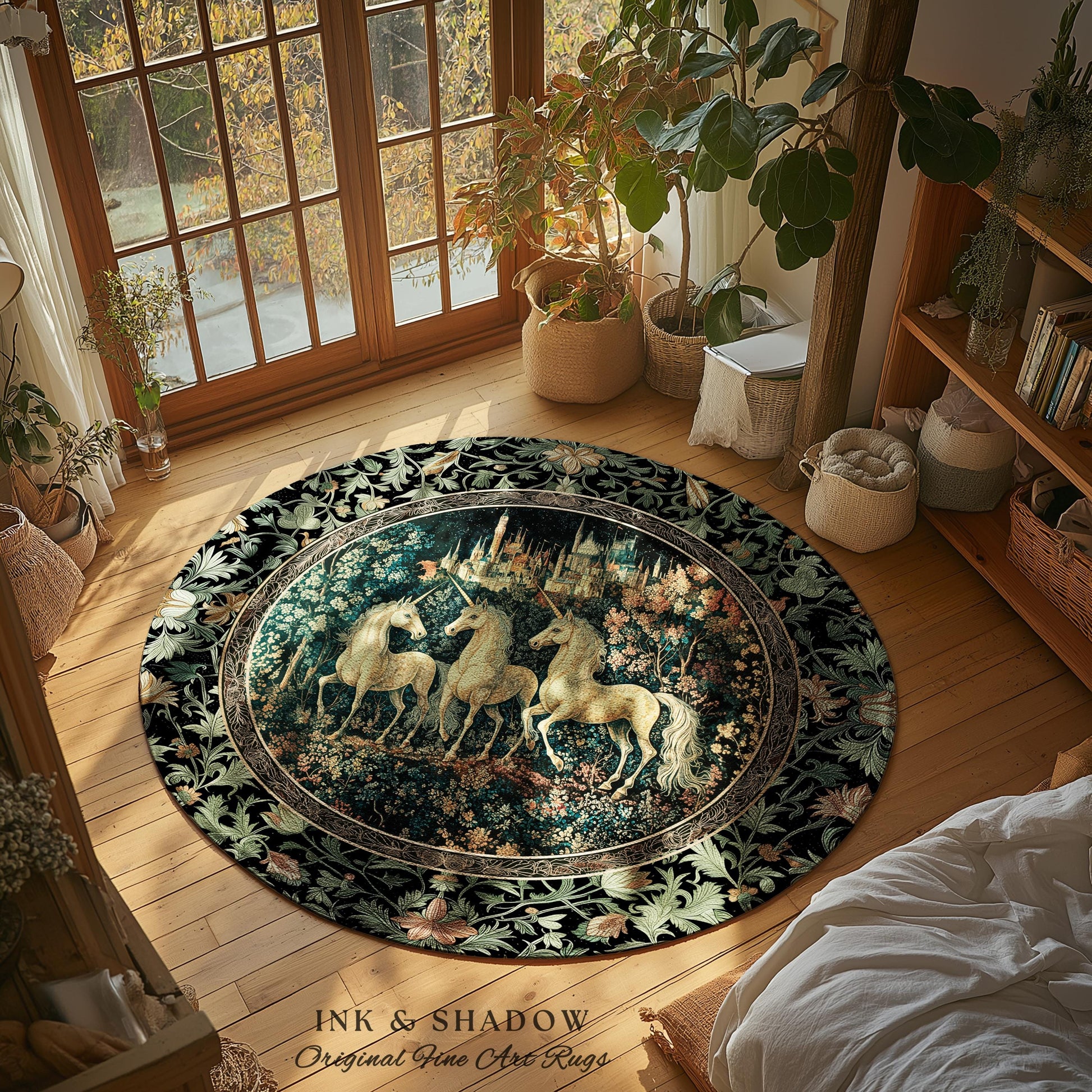 Mystic Academia Unicorn Area Rug | Dark Victorian Gothic Floral Landscape Magical Elegance Aesthetic Accent Rug Storybook Fairytale Artwork