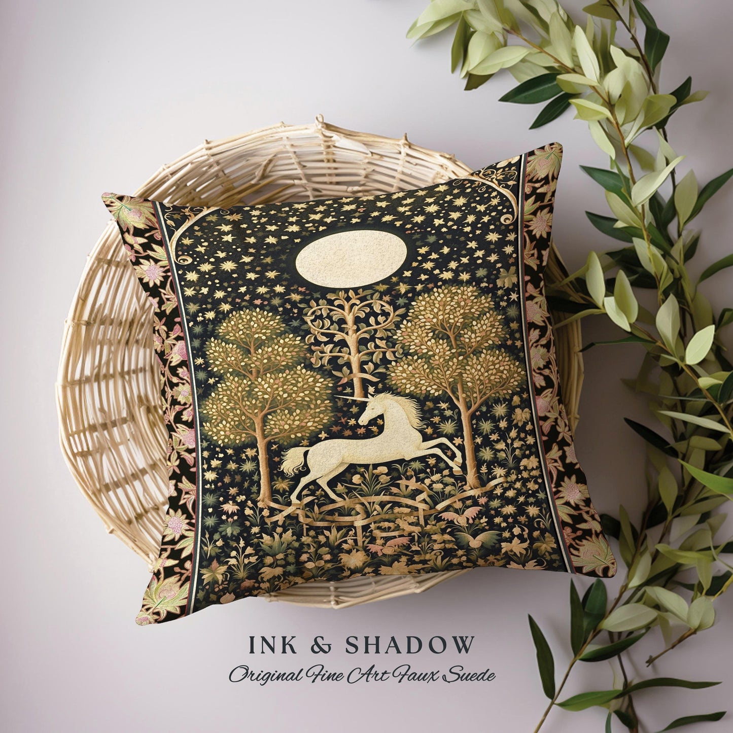 Princesscore Unicorn Tapestry Pillow Woven Folklore Aesthetic Whimsical Decor | Mystic Magical Moon Celestial Cottagecore Fairycore Cushion