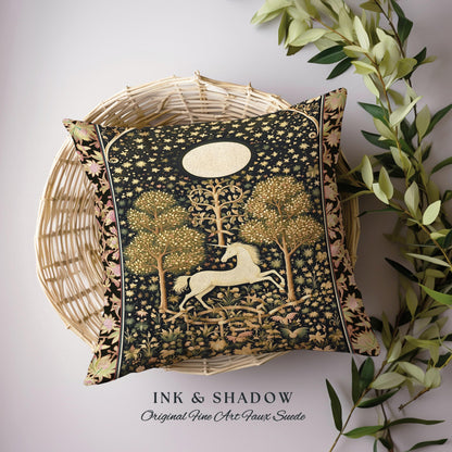 Princesscore Unicorn Tapestry Pillow Woven Folklore Aesthetic Whimsical Decor | Mystic Magical Moon Celestial Cottagecore Fairycore Cushion