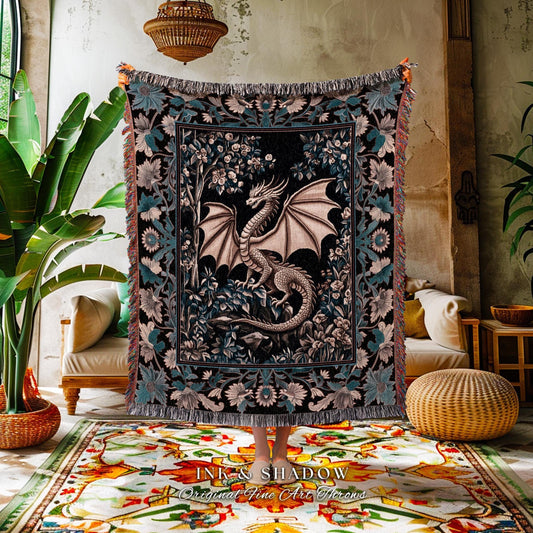 Mystic Mythology Rustic Throw Blanket | Dark Botanical Gothic Medieval Woven Wall Tapestry Dark Academia Bedding Magical Fairytale Aesthetic