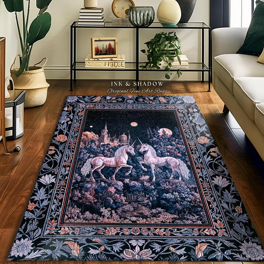 Moody Moonlit Unicorn Accent Rug | Elegant Medieval Florals Lavender Purple Whimsical Folklore Woven Tapestry Blanket Fairytale Area Rug |