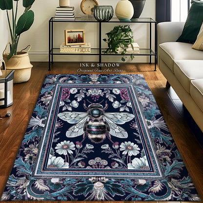 Bohemian Botanical Bee Rug Dark Floral Whimsigothic Art Mystic Decor | Eclectic Boho Chic Wildflower Witchy Cottagecore Moody Nature Accent