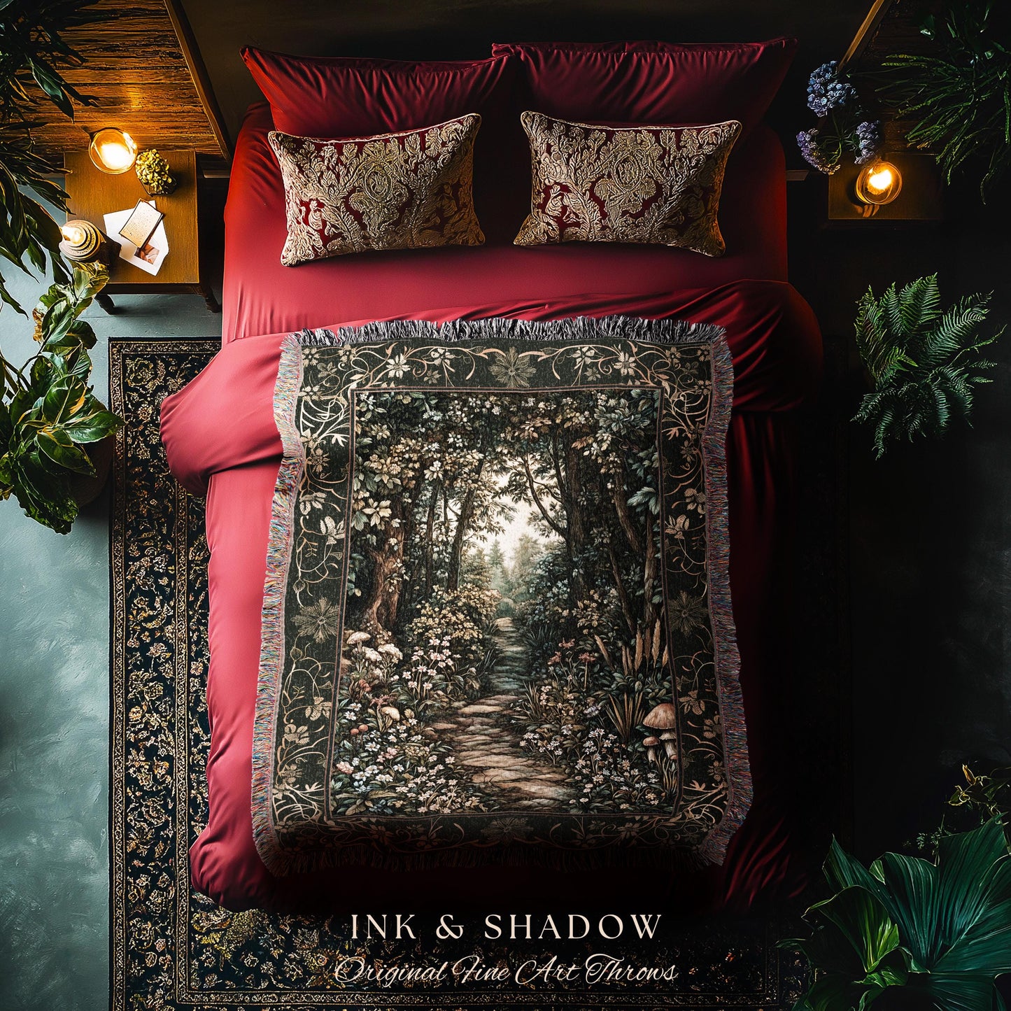 Fairy Meadow Mushroom Forest Woven Blanket Mystic Academia Folklore Inspired, Fairycore Woodland Gothic Whimsical Medieval Tapestry Throw