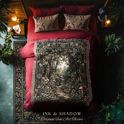 Fairy Meadow Mushroom Forest Woven Blanket Mystic Academia Folklore Inspired, Fairycore Woodland Gothic Whimsical Medieval Tapestry Throw
