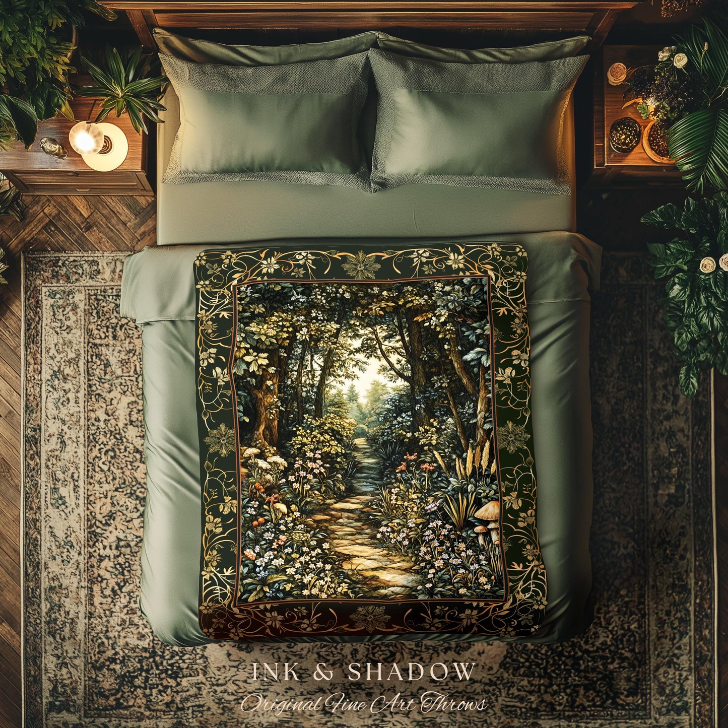 Fairy Meadow Mushroom Forest Woven Blanket Mystic Academia Folklore Inspired, Fairycore Woodland Gothic Whimsical Medieval Tapestry Throw