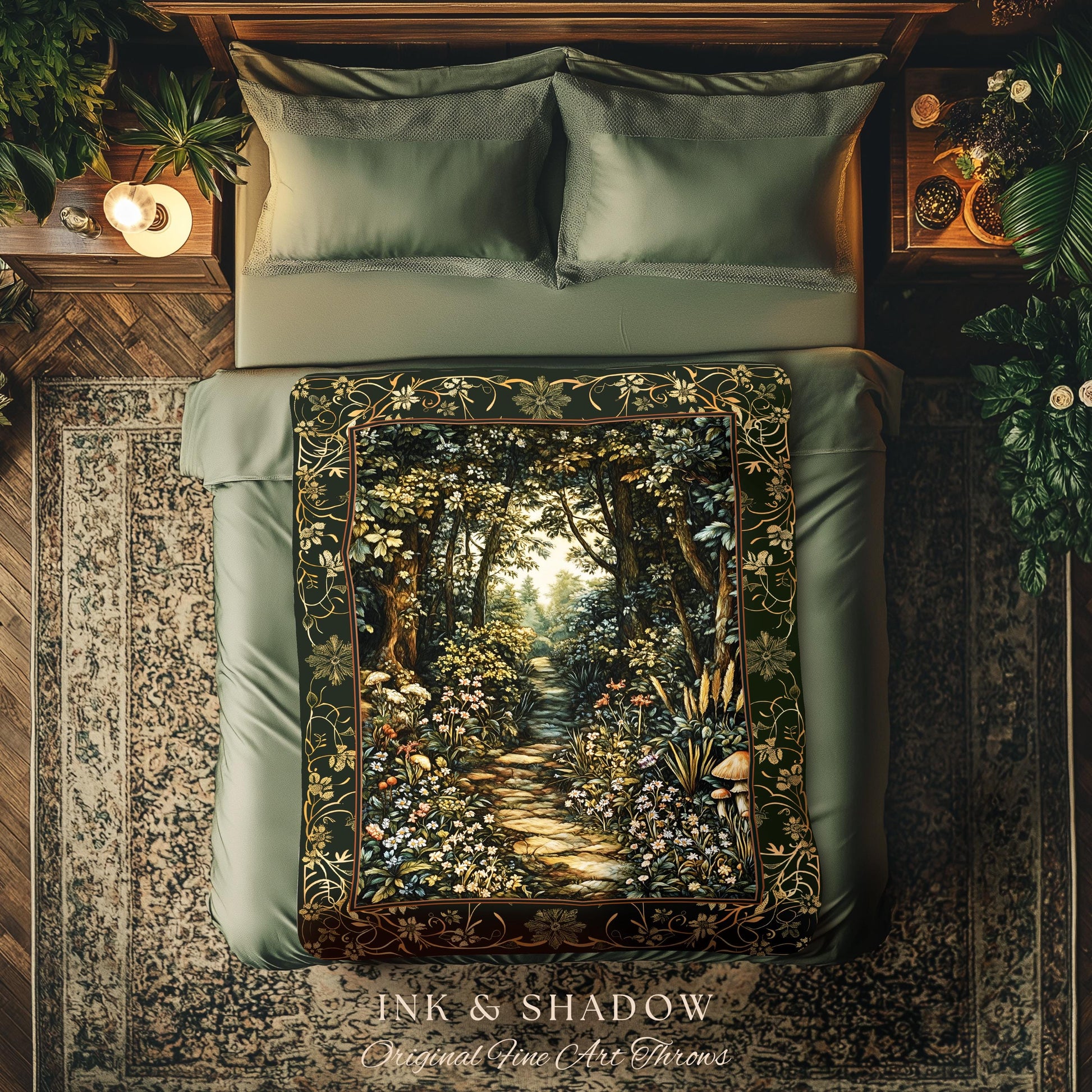 Fairy Meadow Mushroom Forest Woven Blanket Mystic Academia Folklore Inspired, Fairycore Woodland Gothic Whimsical Medieval Tapestry Throw