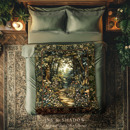 Fairy Meadow Mushroom Forest Woven Blanket Mystic Academia Folklore Inspired, Fairycore Woodland Gothic Whimsical Medieval Tapestry Throw