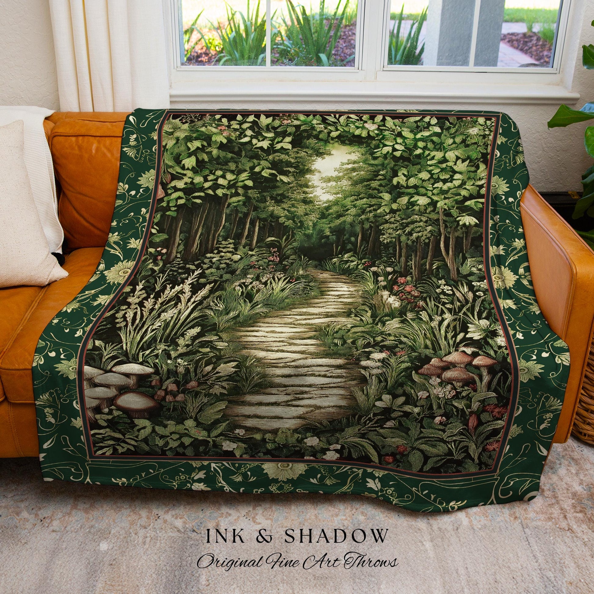 Ethereal Woodland Meadow Tapestry | Dark Academia Folklore Fairy Core Aesthetic Blanket Magical Bedroom Emerald Green Home Decor Botanical