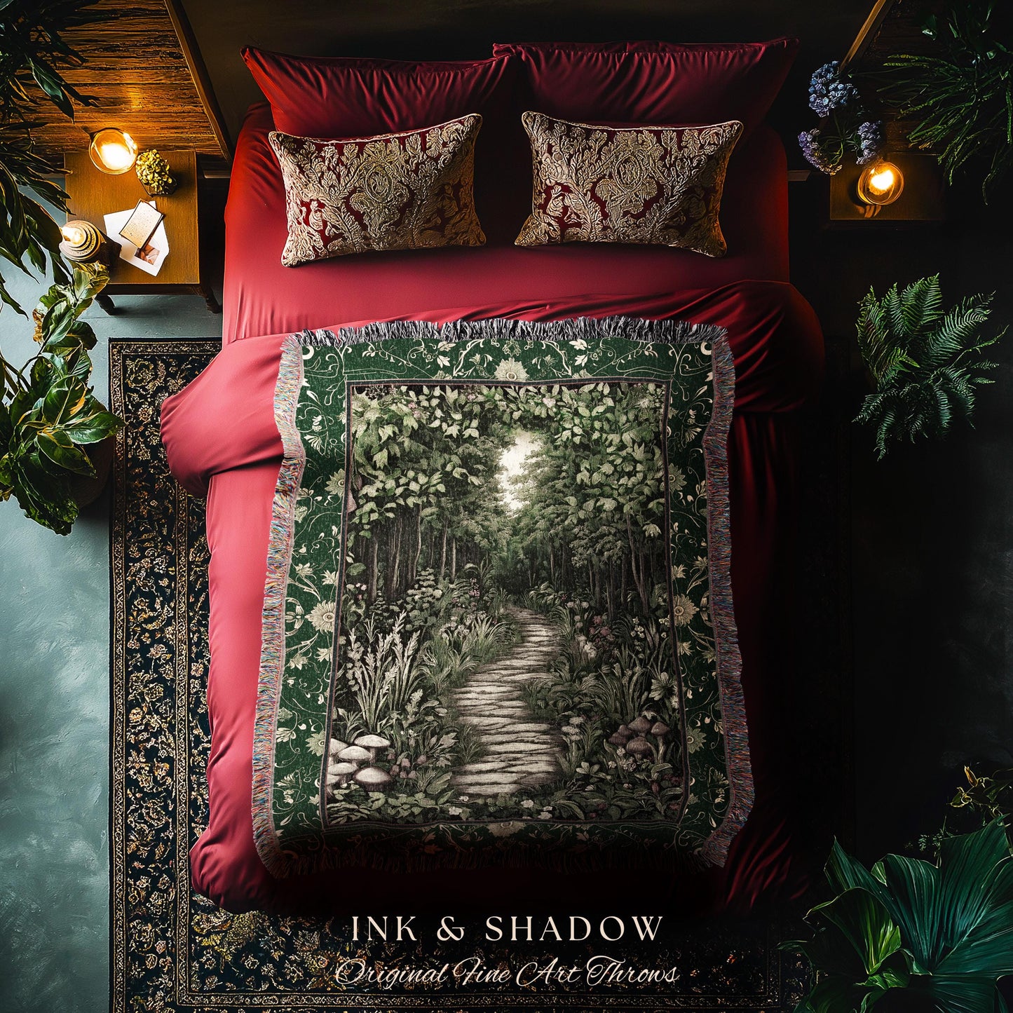 Ethereal Woodland Meadow Tapestry | Dark Academia Folklore Fairy Core Aesthetic Blanket Magical Bedroom Emerald Green Home Decor Botanical