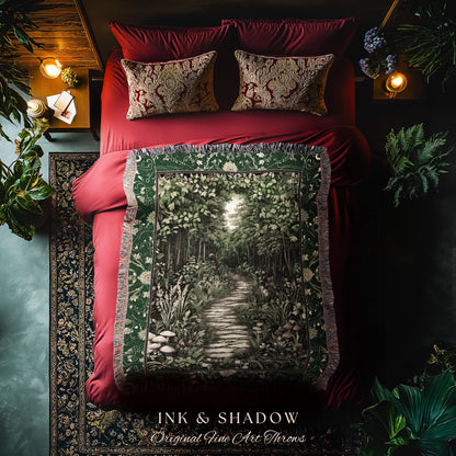 Ethereal Woodland Meadow Tapestry | Dark Academia Folklore Fairy Core Aesthetic Blanket Magical Bedroom Emerald Green Home Decor Botanical
